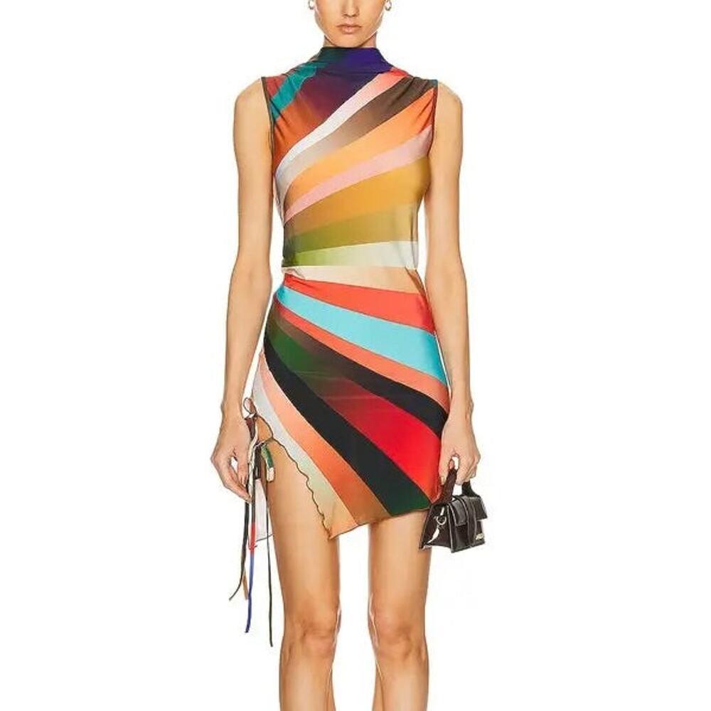 SIEDRES Nisha Sun Ray Multicolor Side Slit Mini Dress XS NEW Sleeveless Striped